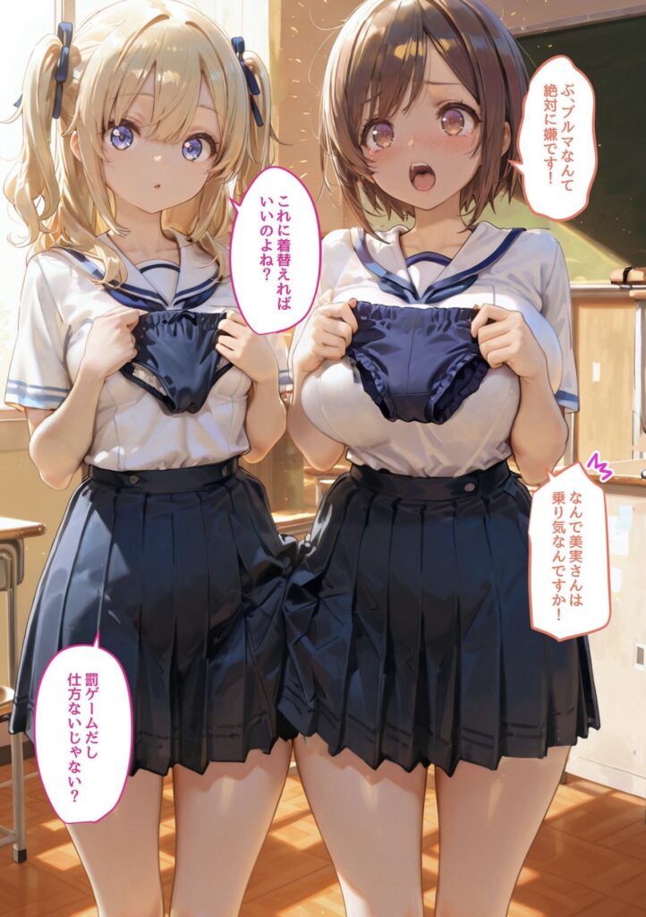 サンプル画像 ブルマに着替えるのを嫌がるサラとすんなり受け入れる美実。