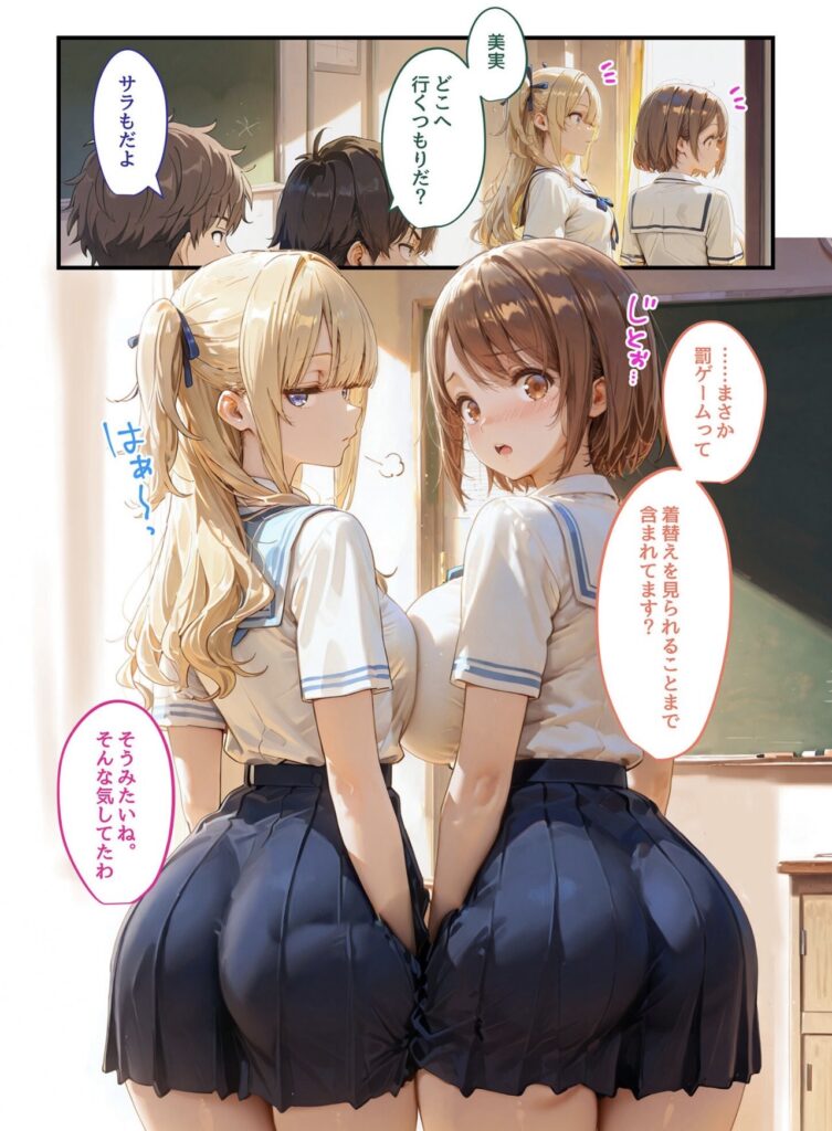 サンプル画像 ブルマに着替える為に教室を出ようとする妹2人を呼び止める兄2人。罰ゲームは目の前でブルマに着替えるというものだった。