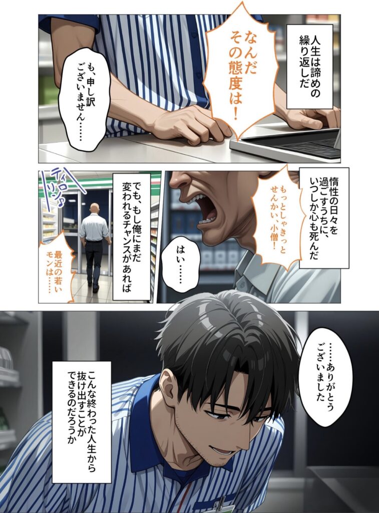 冴えないコンビニの店員(主人公)が客に怒鳴られているシーン。