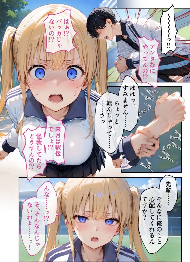 余計なことを考えていると転んでしまい、手首を痛めてしまう。そこに先輩女子マネの木崎先輩が駆けつけて心配してくれるシーン