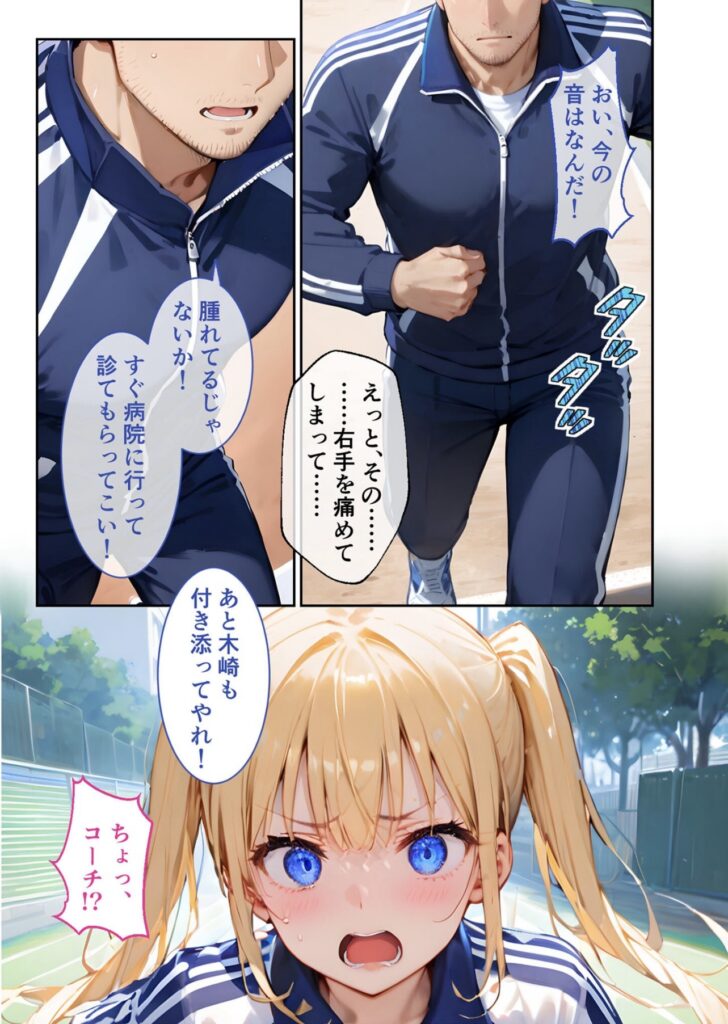 コーチが駆けつけてきたが、手首が腫れている様子から病院に行くように言われる滝本。先輩女子マネの木崎も付き添うように告げられるシーン