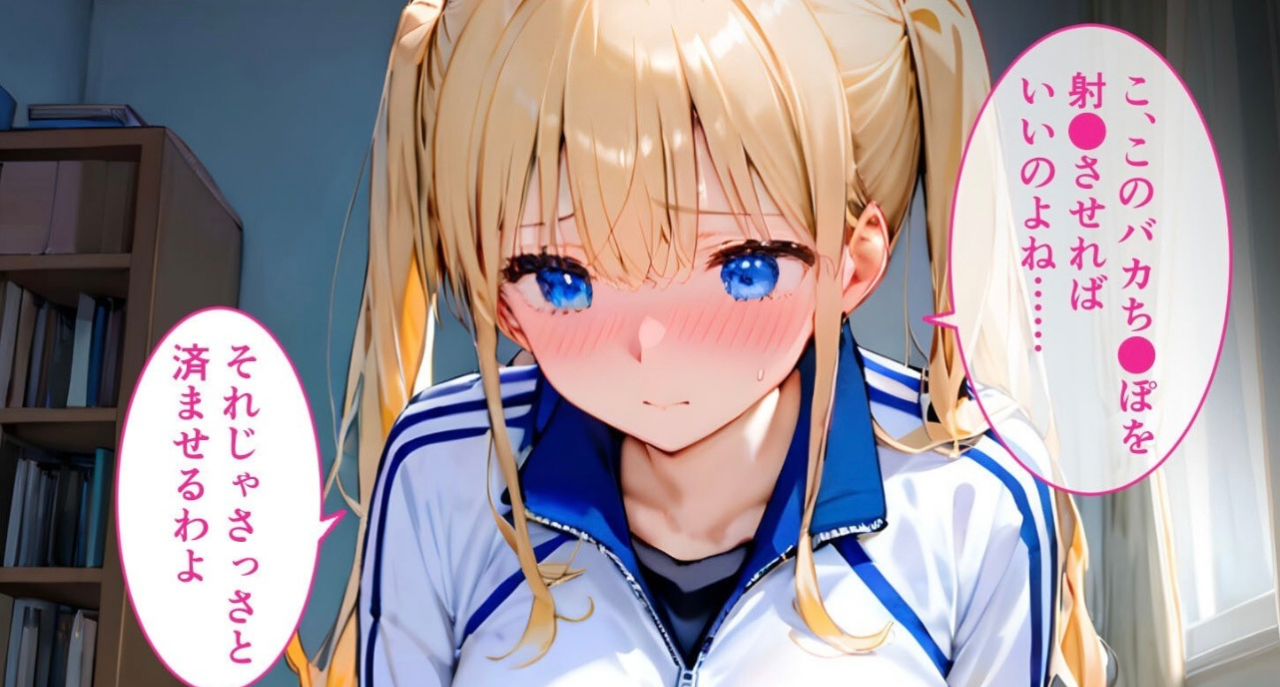 青い目と金髪ツインテールのアニメ風少女がスポーツジャケットを着て恥ずかしそうに頬を赤らめている。