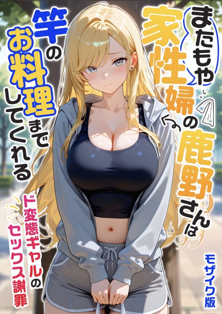 金髪の女性キャラクターがスポーツウェアを着て立っているアニメ風イラスト。カラフルな日本語のテキストが背景に配置されている。