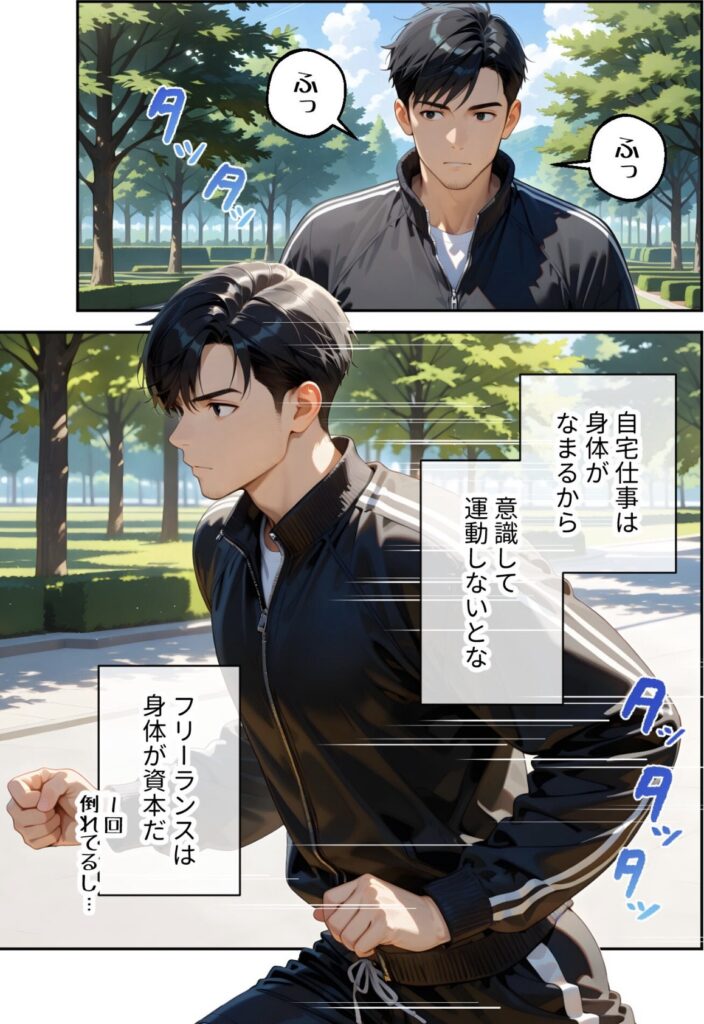 公園で黒いジャケットを着た若い男性が走っている漫画風イラスト。日本語のセリフが描かれている。