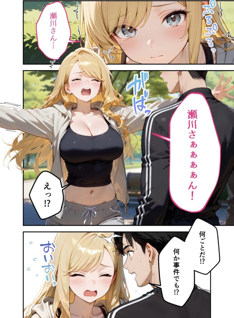 公園で再会した金髪の女性が笑顔で黒髪の男性に手を広げて挨拶している漫画の一コマ。