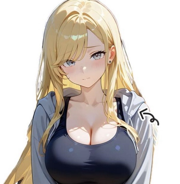 ブロンドの長い髪を持つアニメ風の女性キャラクターが、黒い服とグレーの上着を着て正面を見つめている。