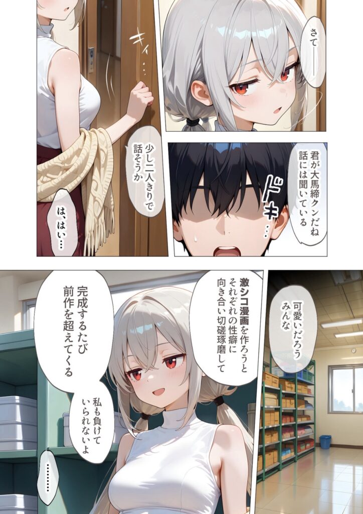 図書館で会話するアニメ風のキャラクターたち。女性キャラが微笑みながら話しかけ、男性キャラが驚いた表情をしている。