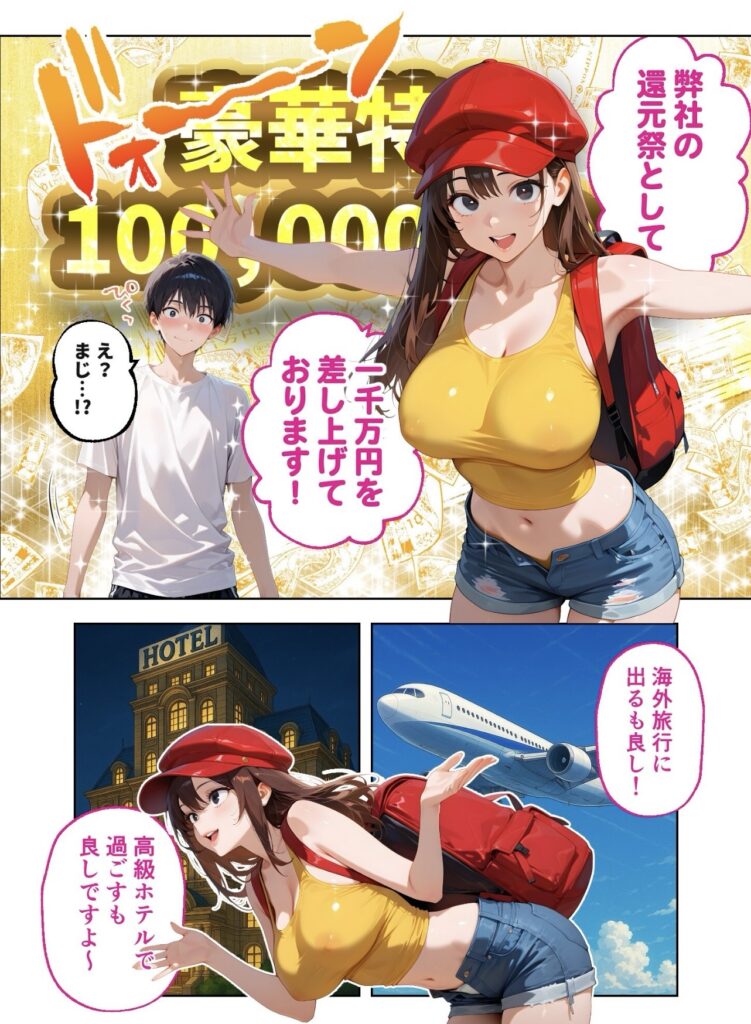 明るい服を着た女性が旅行を宣伝し、男性と会話する漫画スタイルのイラスト。背景には飛行機や都市の建物が描かれている。