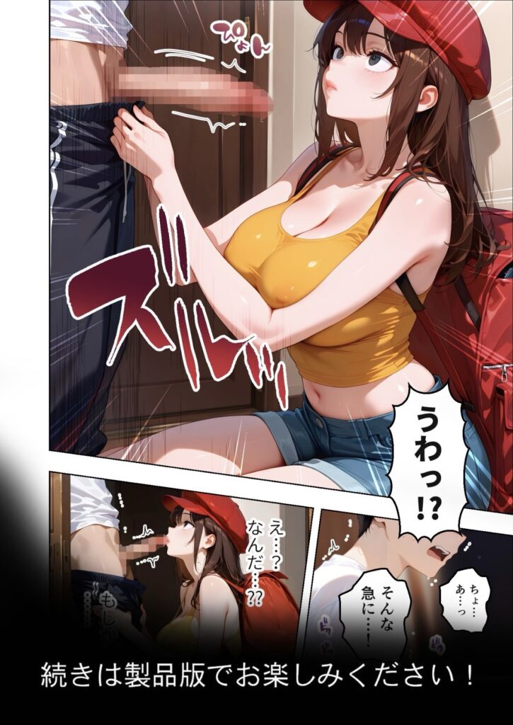 女性が黄色いタンクトップとデニムショートパンツを着て、漫画スタイルで描かれているシーン。日本語のセリフと効果音がある。