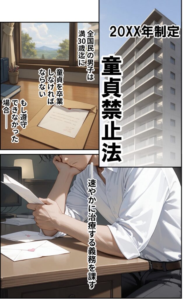 マンションの一室で書類を読む男性。机の上に紙とペン。縦書きの日本語テキストが画面全体に表示されている。