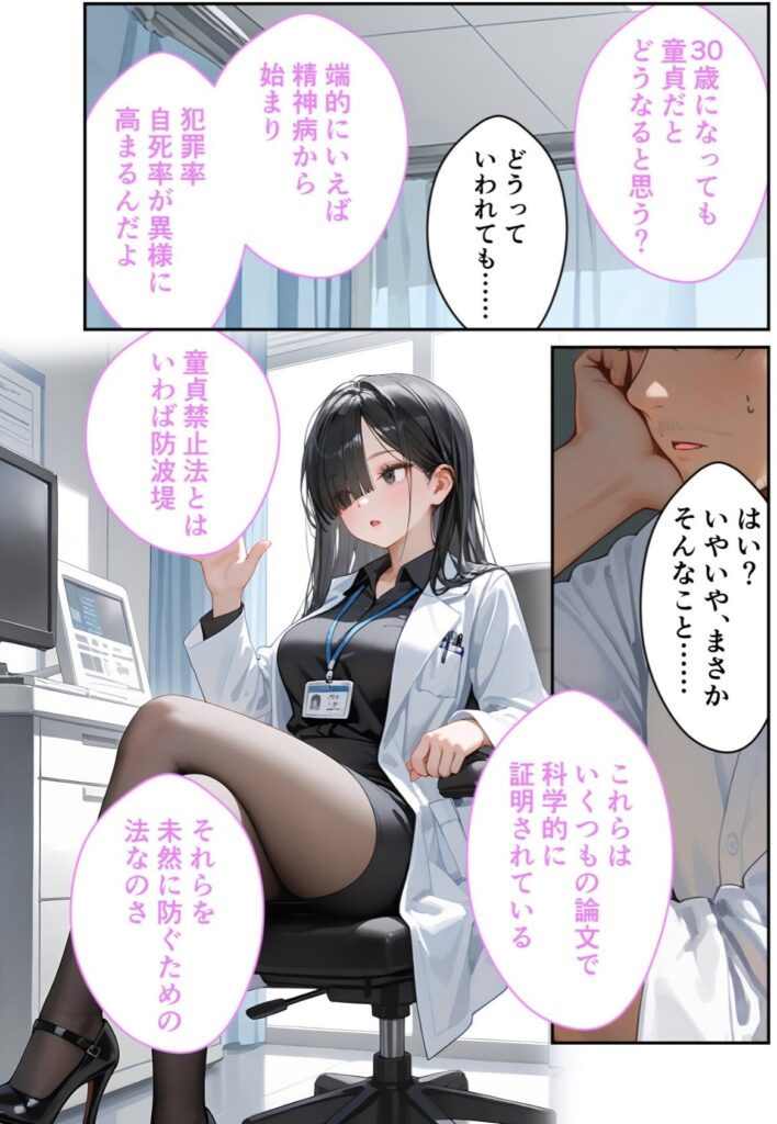 診察室に座る女性医師が会話している漫画風のイラスト。