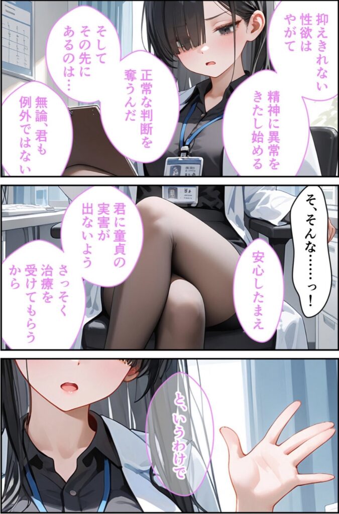 女性医師が椅子に座り会話している漫画風の画像。医師は白衣を着用し、吹き出しに日本語のセリフが描かれている。