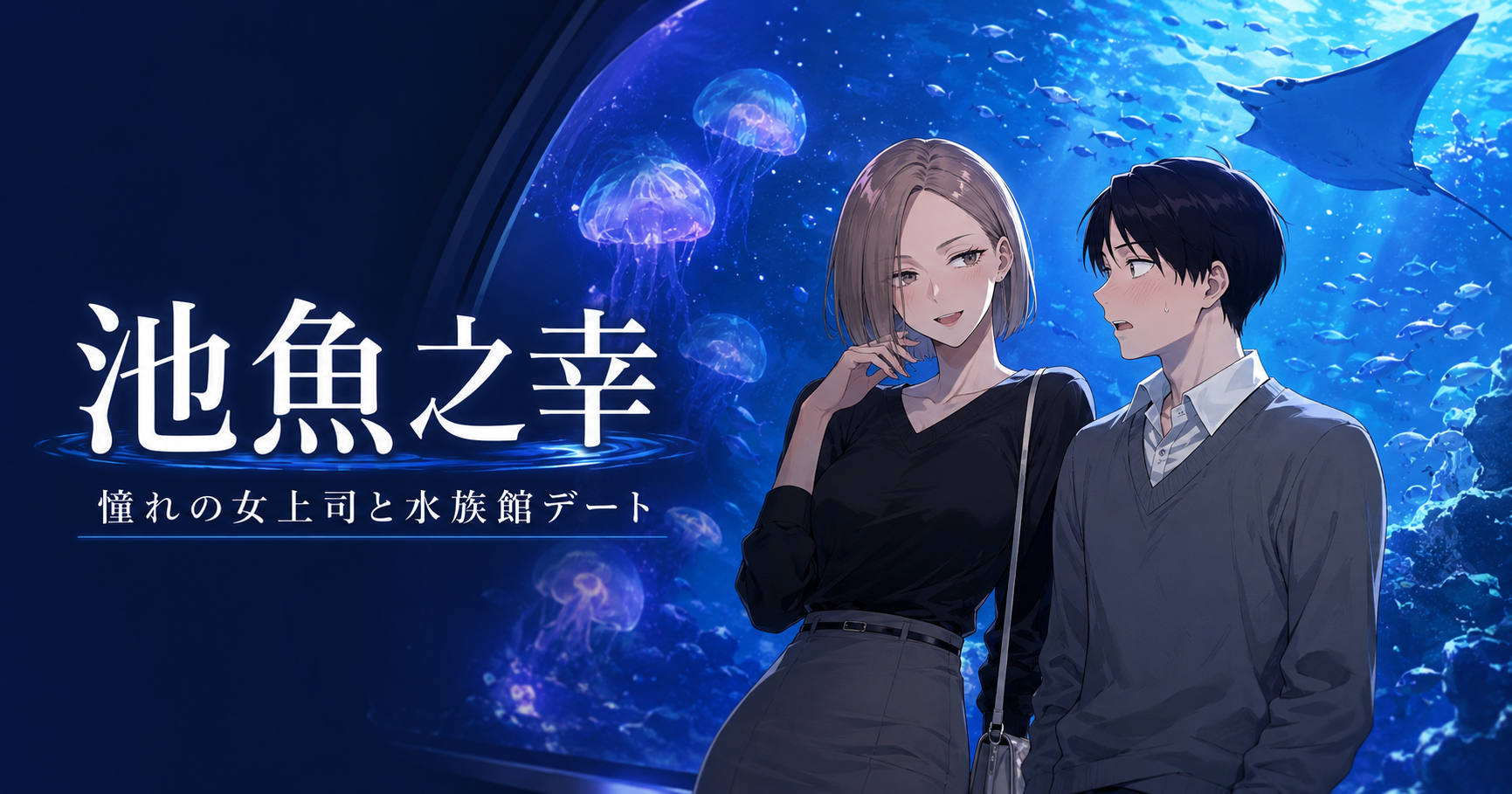 アニメ風の男女が水族館でデートし、背景にはクラゲやマンタ、魚が泳ぐ青い水槽が広がっている。