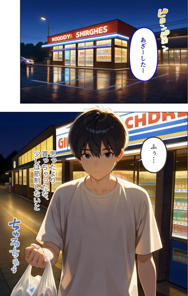 夜のコンビニ前に立つ短髪の少年。店の明かりが暖かく照らし、静かな雰囲気が漂う。