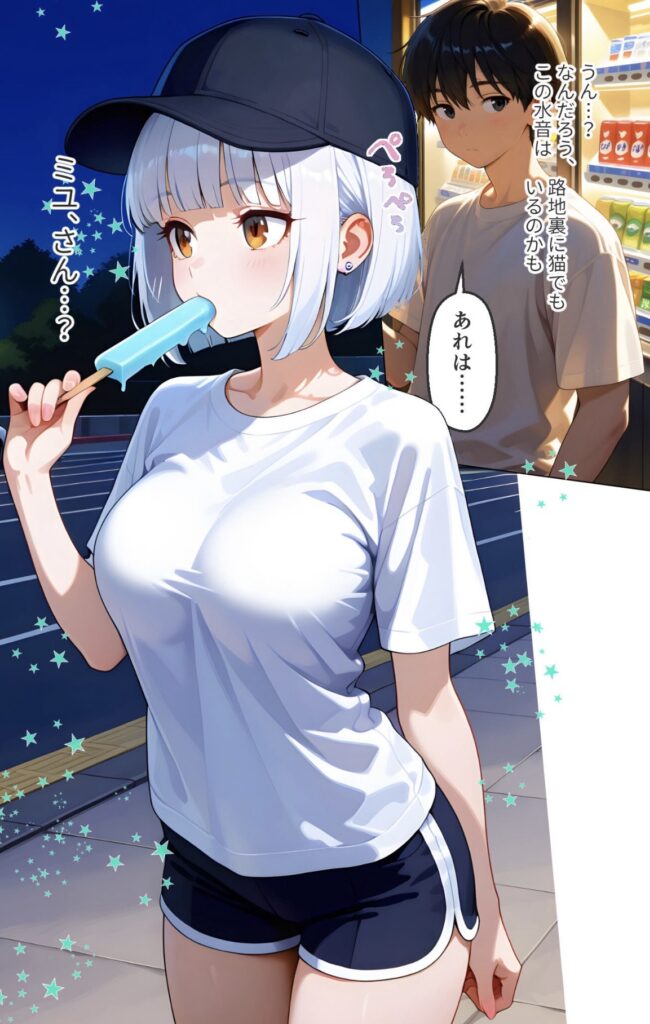 夜、白髪の少女がアイスを食べている。後ろに少年が立ち、コンビニの明かりが差し込むアニメ風のイラスト。