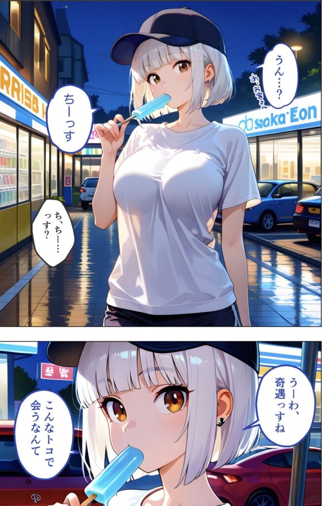 コンビニの前でアイスを食べるショートヘアのアニメ風キャラクター、夜の街並みと車も背景に描かれている。