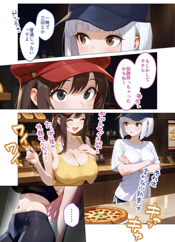 アニメ風のキャラクターたちがピザ店で会話し、ピザやパンが並ぶカウンターで働いているシーン。
