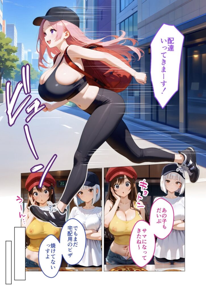 ピンク髪の女性が配達用バッグを背負って走る。下には制服姿の二人とピザがあるアニメ風イラスト。