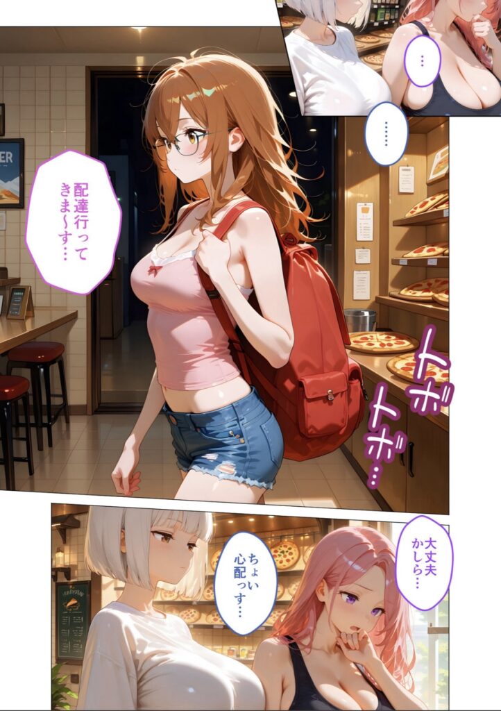 アニメ風の女性3人がピザ店で会話し、一人はリュックを背負い配達に向かう様子。