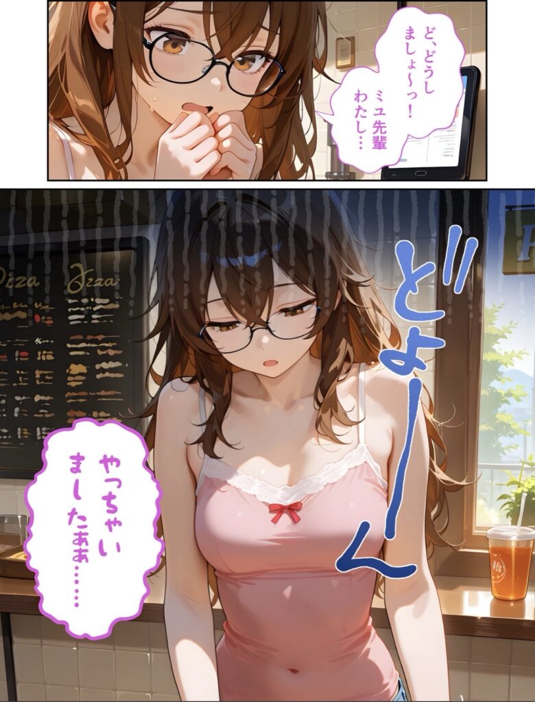 眼鏡をかけた女性がピンクのタンクトップを着て、落ち込んだ表情で朝の部屋に座っているイラスト。