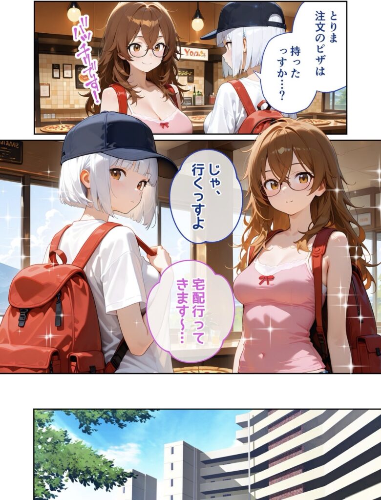 アニメ風の女の子二人がリュックを背負い、カフェの中で会話しているシーン。背景に窓と青空が見える。