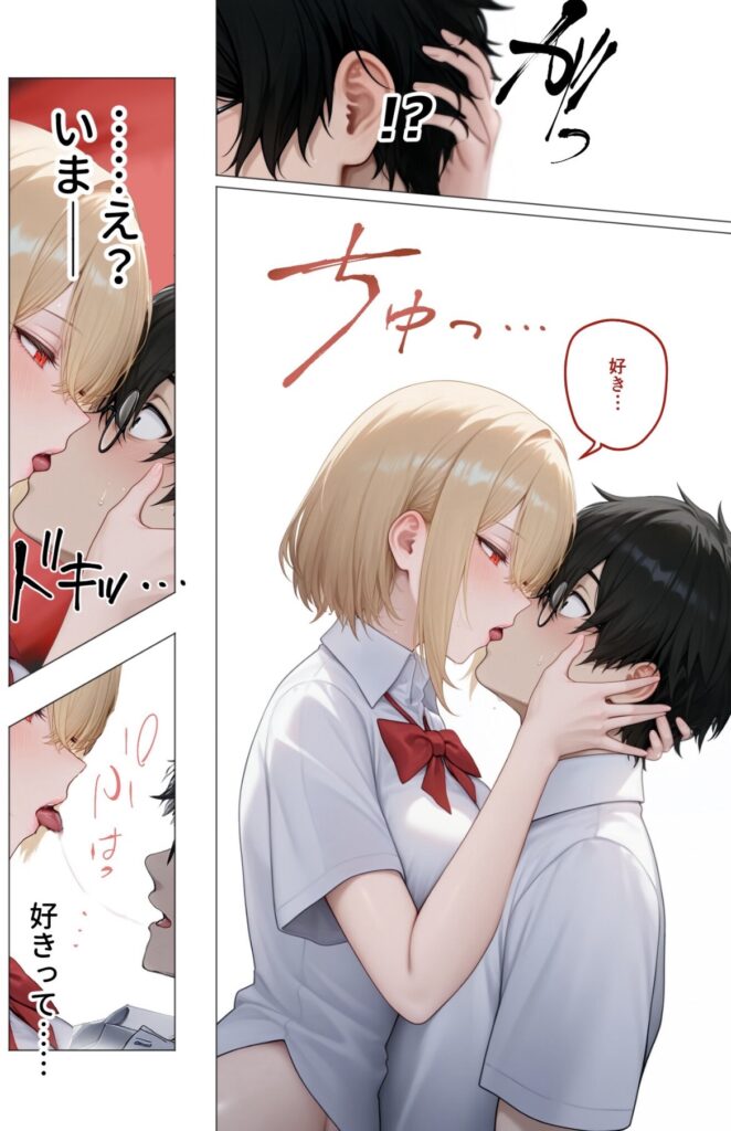 女子学生が男子学生に突然キスをして、男子学生が驚きの表情を見せる漫画シーン。