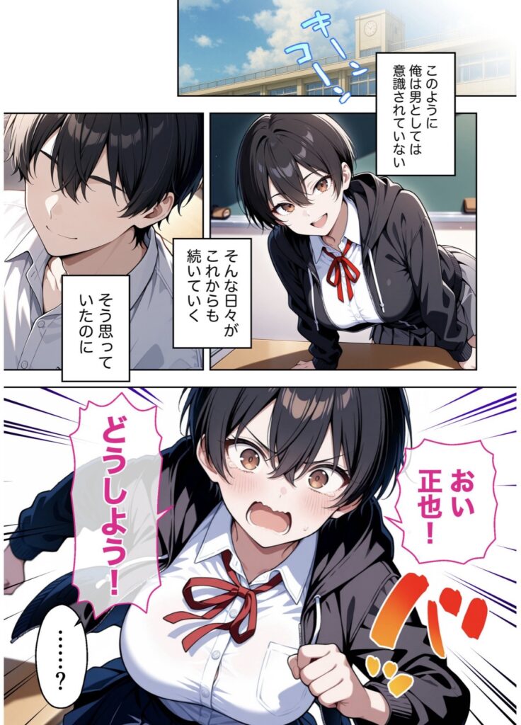 学園で幼馴染の正也に話しかける山上祥