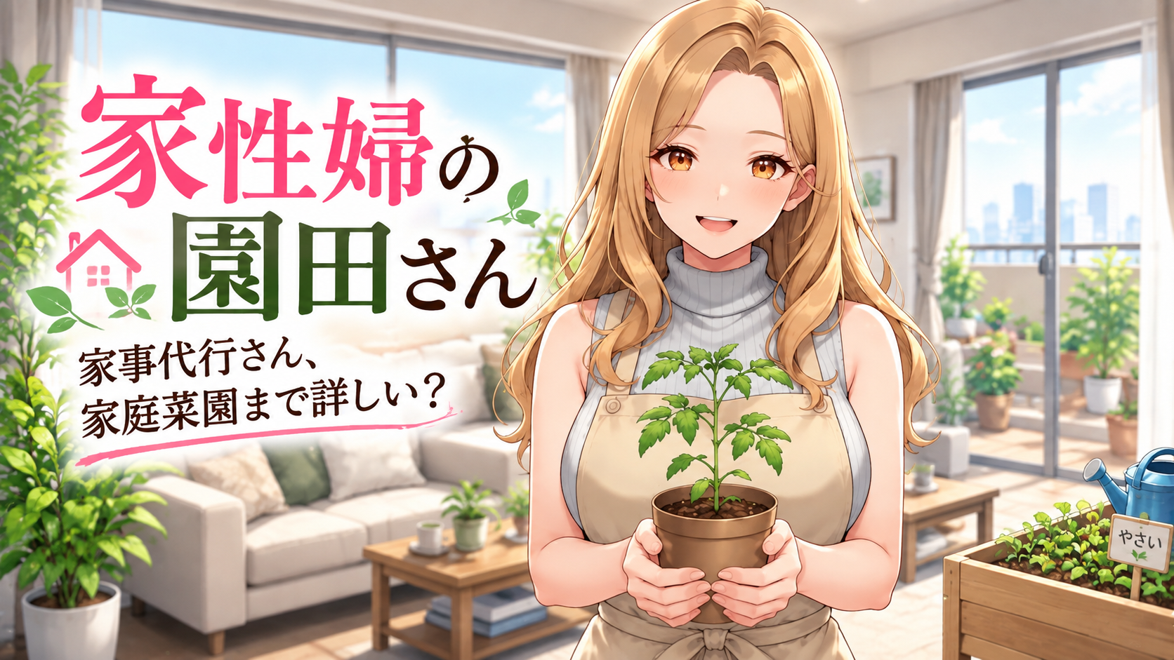 明るいリビングで鉢植えを持った女性、家庭菜園や観葉植物が並ぶ。