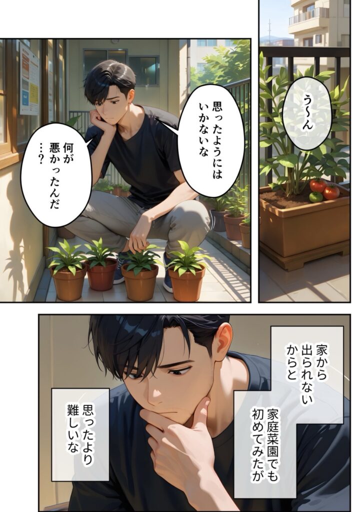 若い男性がベランダで家庭菜園の鉢植えを見つめ、悩んでいる様子の漫画シーン。