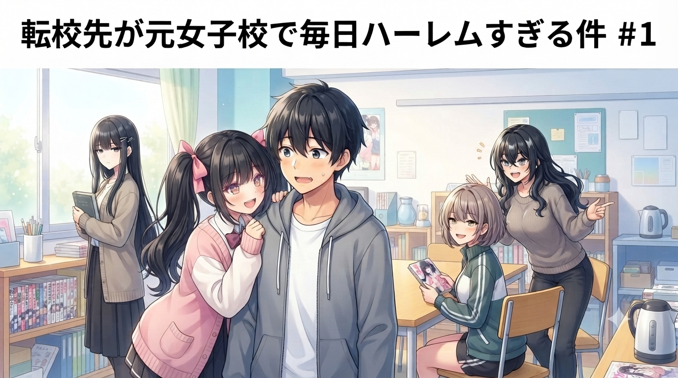 教室にいる一人の男子生徒と数人の女子生徒。全員が和やかに会話や読書をしているアニメ風のイラスト。