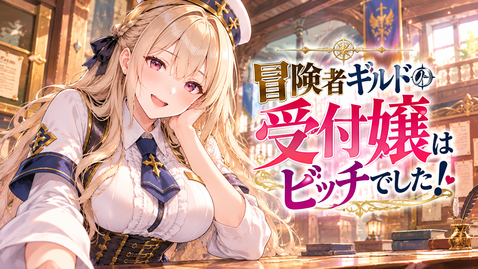 ギルドの受付嬢の制服を着た金髪のアニメ風女性キャラクターが微笑み、背景に冒険者ギルドの室内と本が並ぶ。
